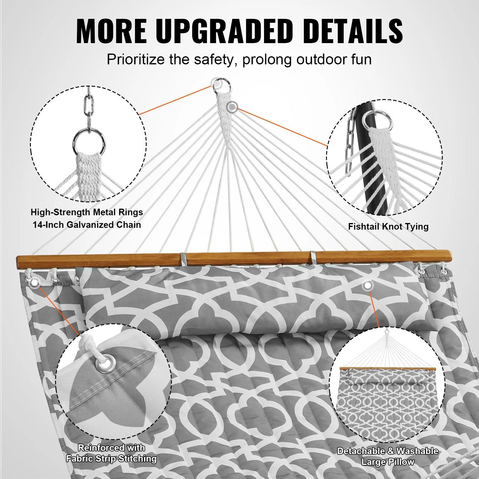 VEVOR Outdoor Hammock 12FT Double Hammock with with Detachable Pillow and Chains for Camping Outdoor Yard Beach 480lbs Capacity 5