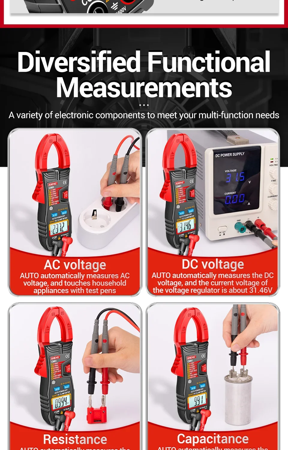 ANENG CM81 Digital Clamp Multimeter - AC/DC Voltage, Current, Resistance, Capacitance, and Diode Tester High-performance, auto-ranging digital clamp multimeter for precise measurements of AC/DC voltage, current, resistance, capacitance, and diode testing. High-performance, auto-ranging digital clamp multimeter for precise measurements of AC/DC voltage, current, resistance, capacitance, and diode testing. Sf46967714fc34d37b8512acbd907f975f -