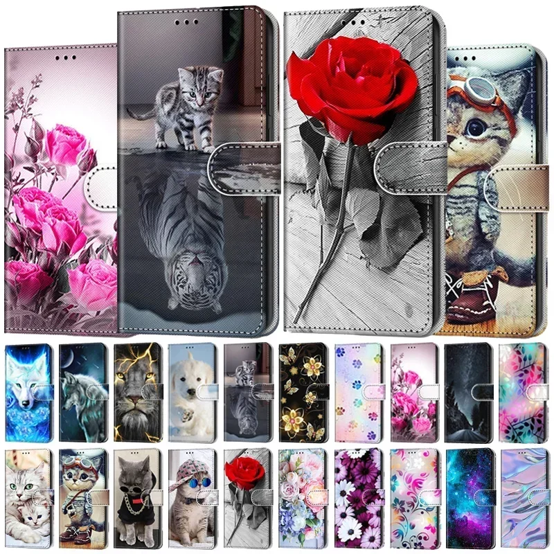 Cat Animal Painted Wallet Book Stand Phone Case