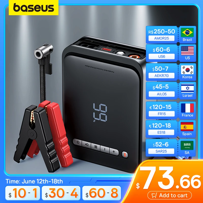  Baseus 2 In 1 Car Jump Starter Power Bank Air Compressor Inflator Pump 1000A Portable Power Station Car Battery Charger Booster 