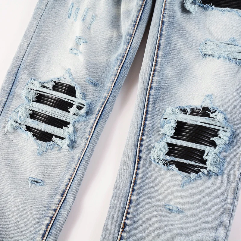High Street Trend distressed fashionable elastic slim fit new light blue men's jeans washed with nostalgic black patches hip-hop
