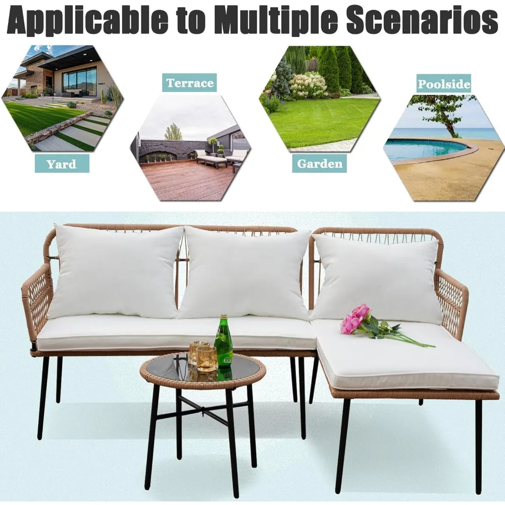 Outdoor L-Shaped Patio Chairs Set, Boho Woven Balcony Furniture Set of 3,Boho Woven Balcony Furniture Conversation Sofa 4