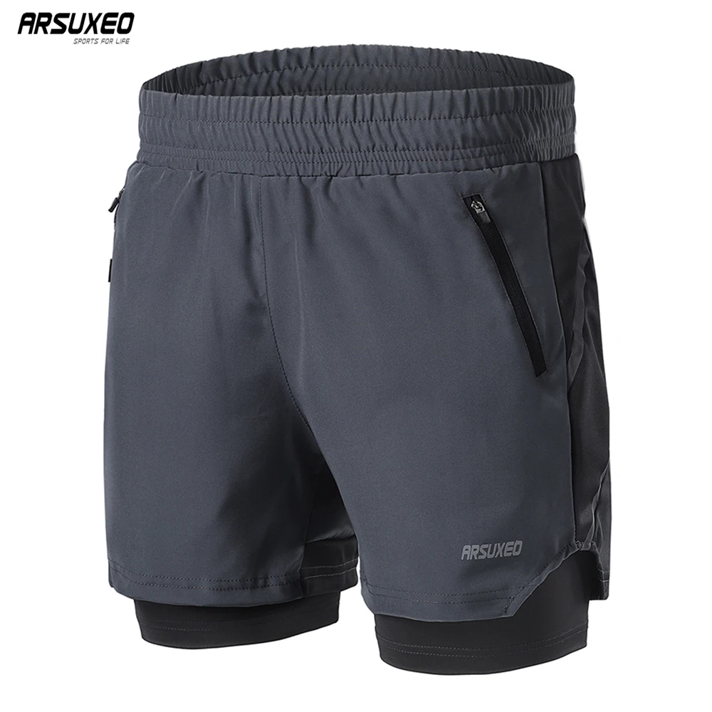 ARSUXEO Pantalones cortos para correr para shorts de 2 en 1, de secado rápido, para entrenamiento atlético, trote, pantalón corto deportivos para gimnasio con y cremallera, B191| | -