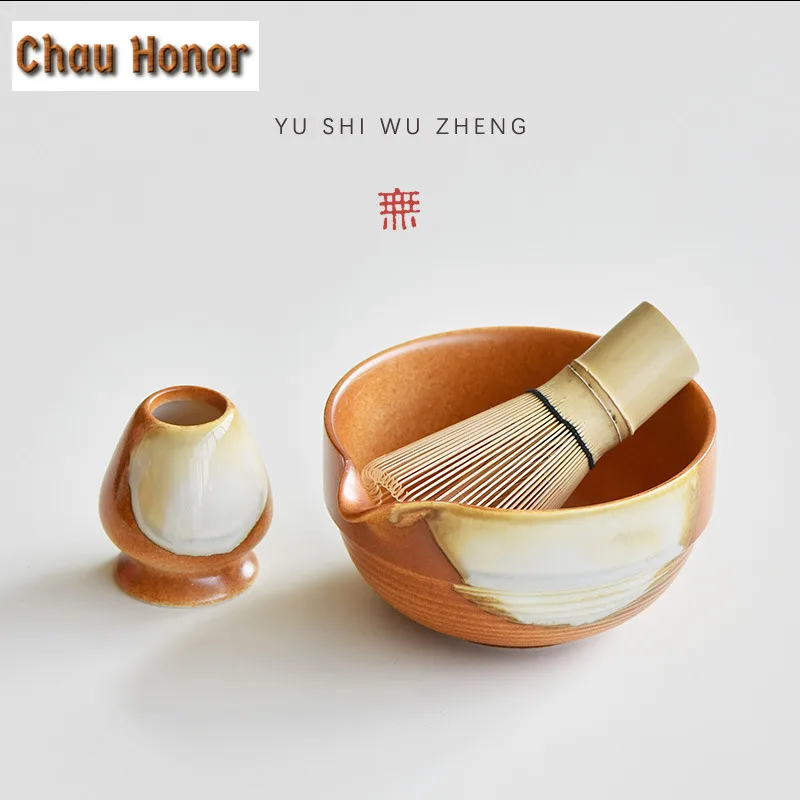 4PCS Japanese Style Coarse Pottery Matcha Set With Ceramic Bowl Bamboo Matcha Whisk Teaspoon Tea Set Tea Lovers Tea-making Tools