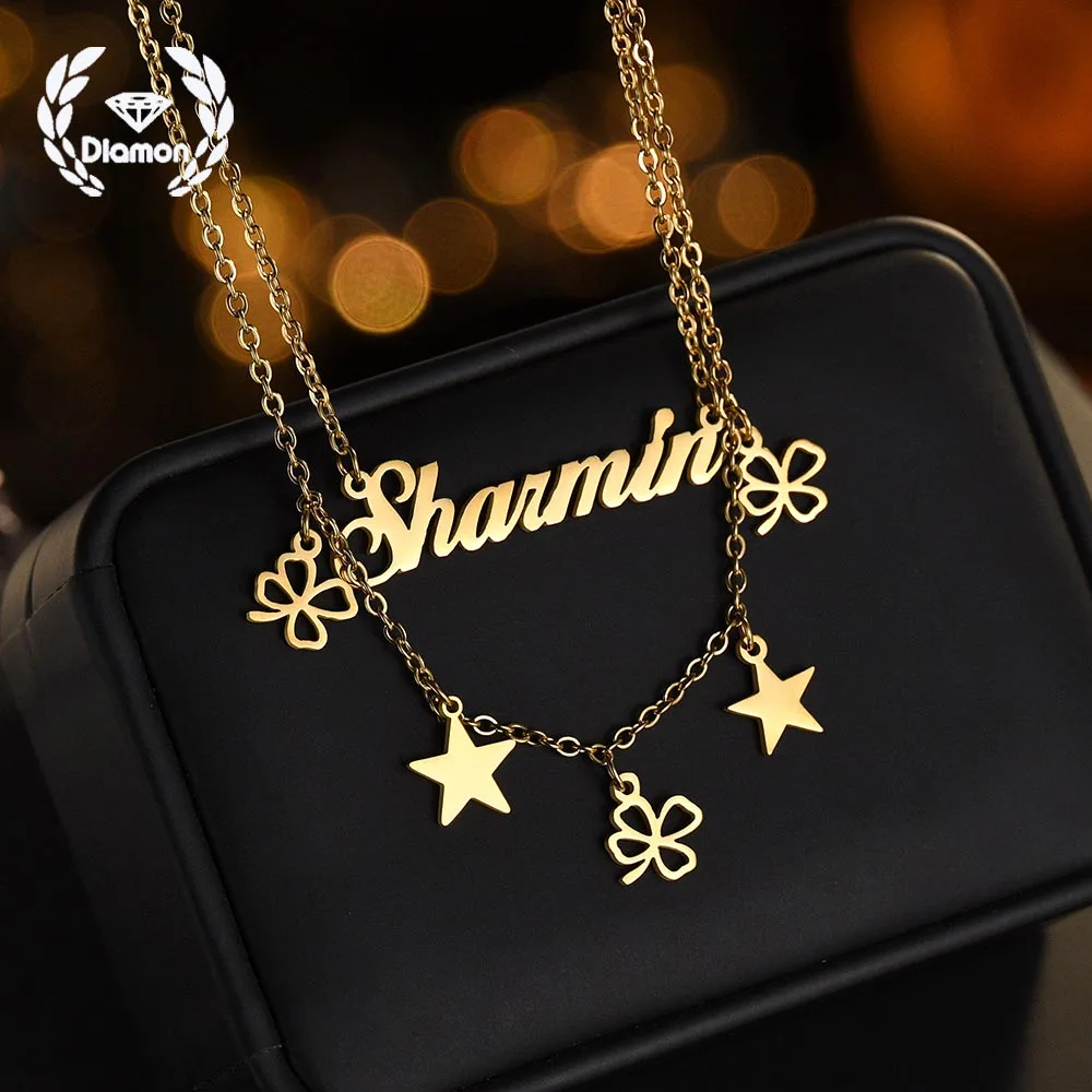 

Diamon Necklace Personalized Stainless Steel Customized Name Double Layers Pentagram Choker Chain Pendant for Women Jewelry Gift