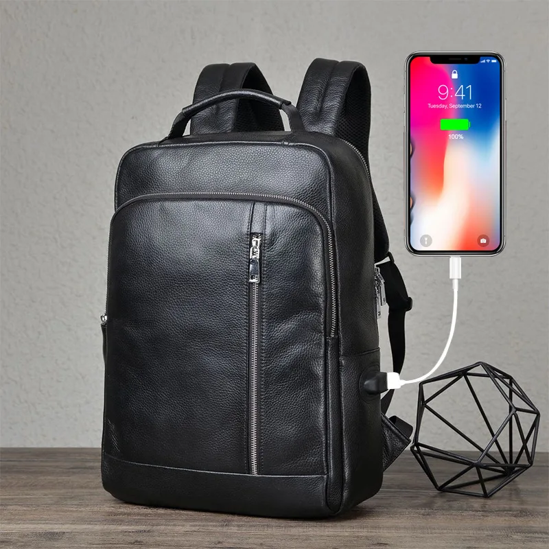 YIFANGZHE  New Luxury Genuine Leather Backpack with USB Charging Port,  Men Travel Black Bagpack  Men Business Laptop