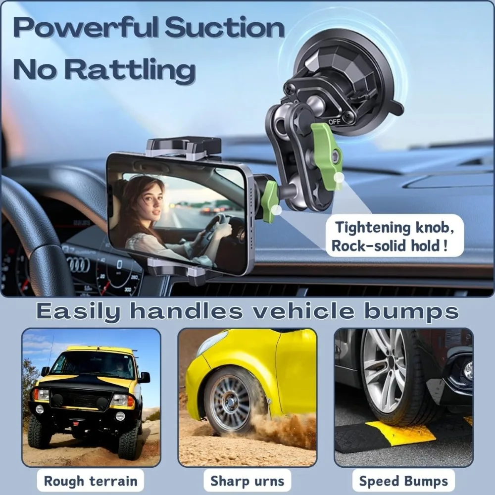Suction Cup Phone Mount Ultra-Stable 360 Rotation Phone Holder Stand for Vlog Shooting for Windshield Roof Glass Car Window Fit