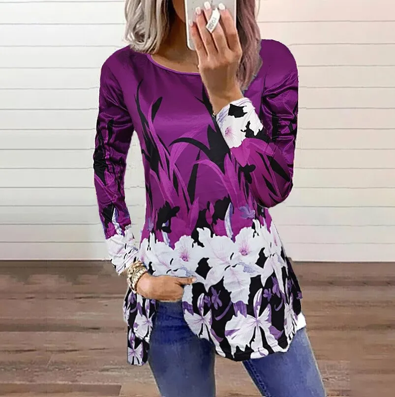 

Spring Fashion Women Floral Printed T Shirt O Neck Long Sleeve Slim Top Casual Vintage Plus Size Y2K Oversize Sweet Shirt 3XL