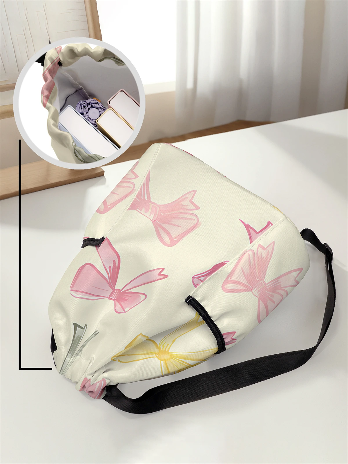 Bow Pattern Printed Drawstring Backpack - Large Capacity Durable Fitness Bag, Sports Beach Backpack