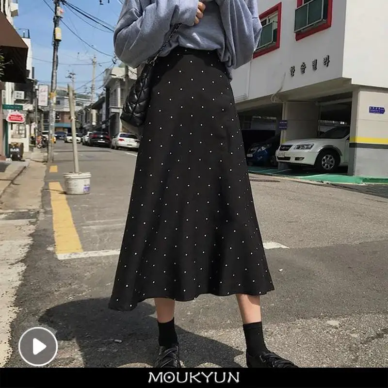 

MOUKYUN Retro Black Polka Dots Skirts Women Elegant Autumn Vintage Sweet High Waist Mermaid Faldas All Match Loose Long Skirts