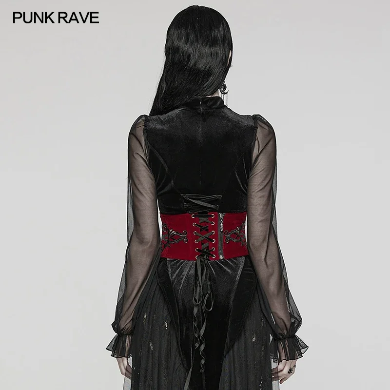 PUNK RAVE Women\'s Gothic Velveteen Embroidery Totem Retro Corset Adjustment Velvet Ribbon Drawstring Accessories Belt 2 Colors
