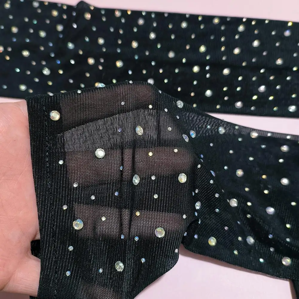 50CM Women Flash Diamond Mesh Hook Finger Gloves Fashion Electronic Music Festival Black Sexy Gloves Cosplay Stage Performance