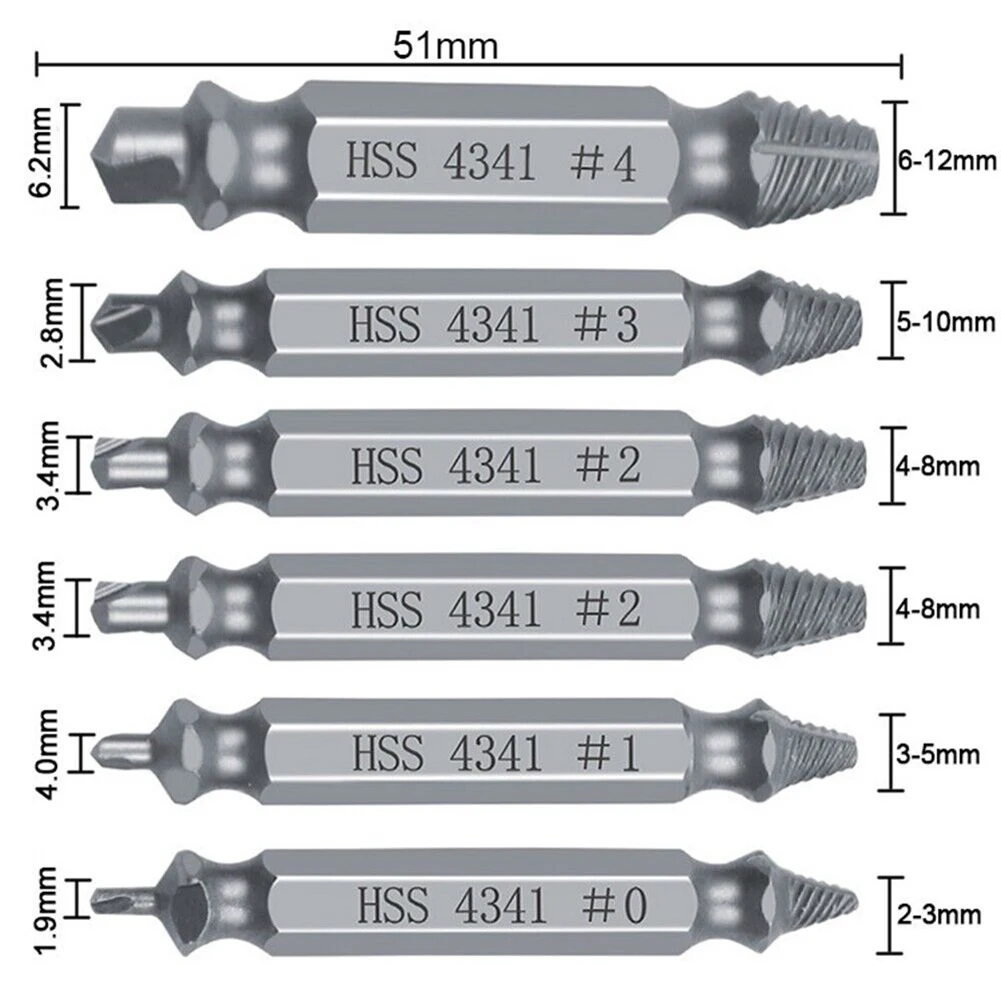 6pcs Damaged Screw Extractor Set Remove Diameter 2-12mm Bolt Stud Remover Drills Tools Car Special Disassembly Tool