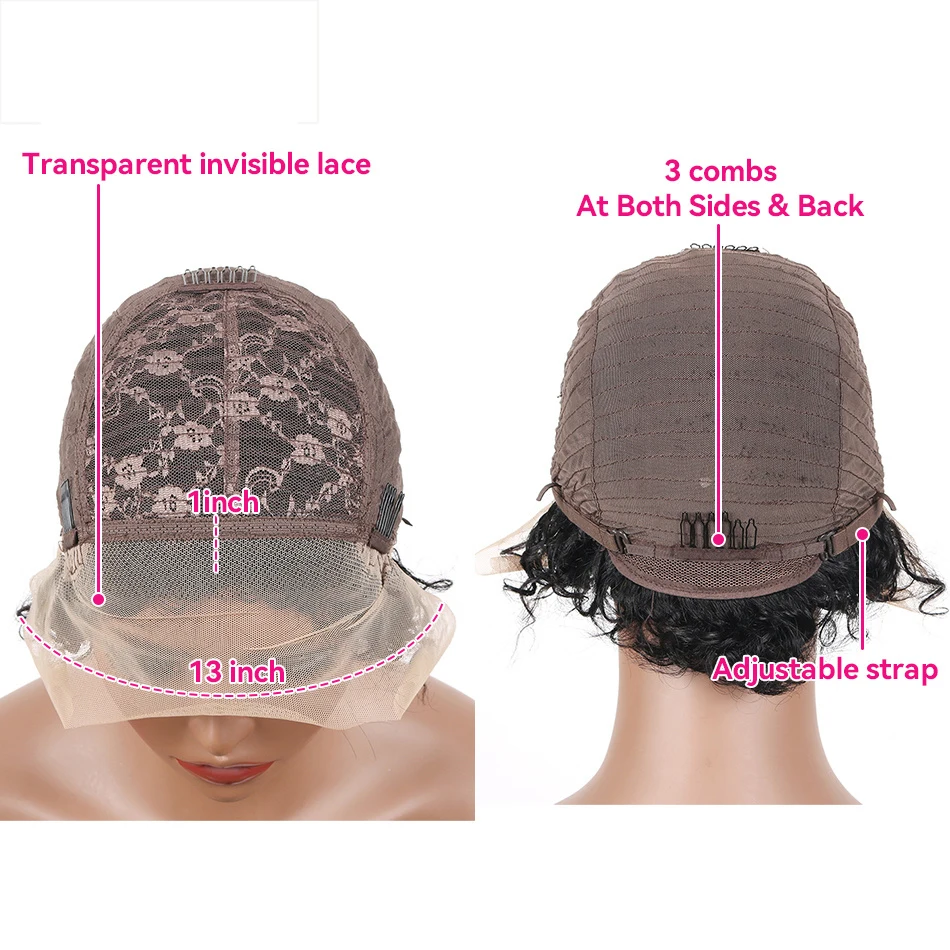 Pixie Cut Short Curly Human Hair Wigs Cheap 13x1 Transparent Lace Wigs Deep Curly For Black Women Natural Color Pre Plucked