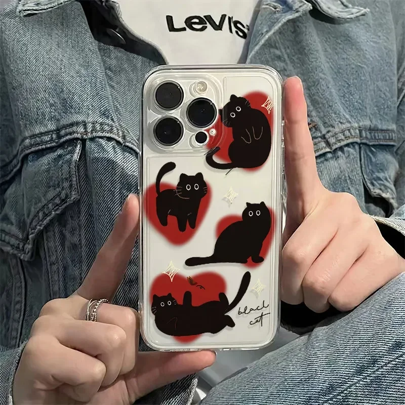 Charming Love Heart Black Cat Soft Clear Phone Case