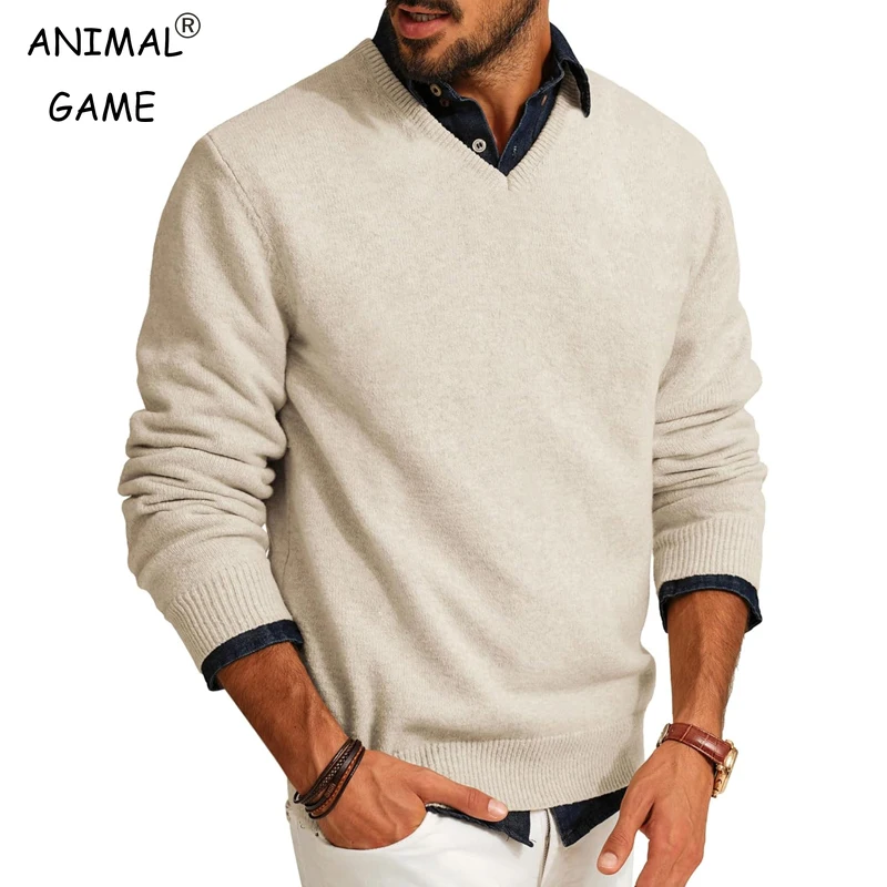 Lässige Herren-Pullover mit V-Ausschnitt, leichte Wolle, langärmelig, Strickpullover, schmale Passform, Oberbekleidung, Herbst-Business-Tops