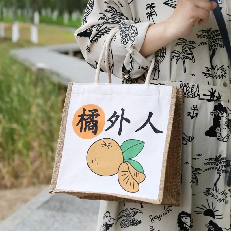 

Fashion personality pattern canvas bag portable bento office tote bag cute cartoon hand lunch box bag