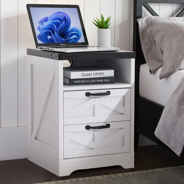Modern Farmhouse Bedside Table, Charging Station Nightstand, 2-Drawer Industrial White End Table For Bedroom Living Room