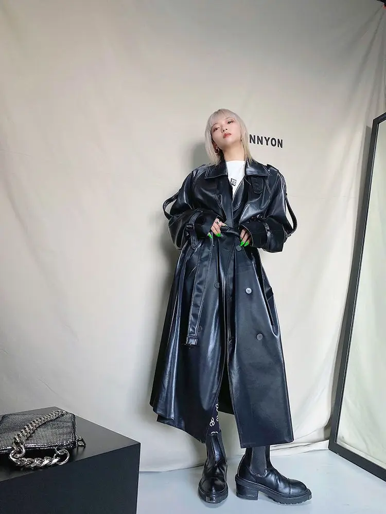 ADAgril Black Leather Trench Coat Women Retro Biker Long Windbreak Jackets Loose Korean Style Fashion Autumn Winter Clothes New