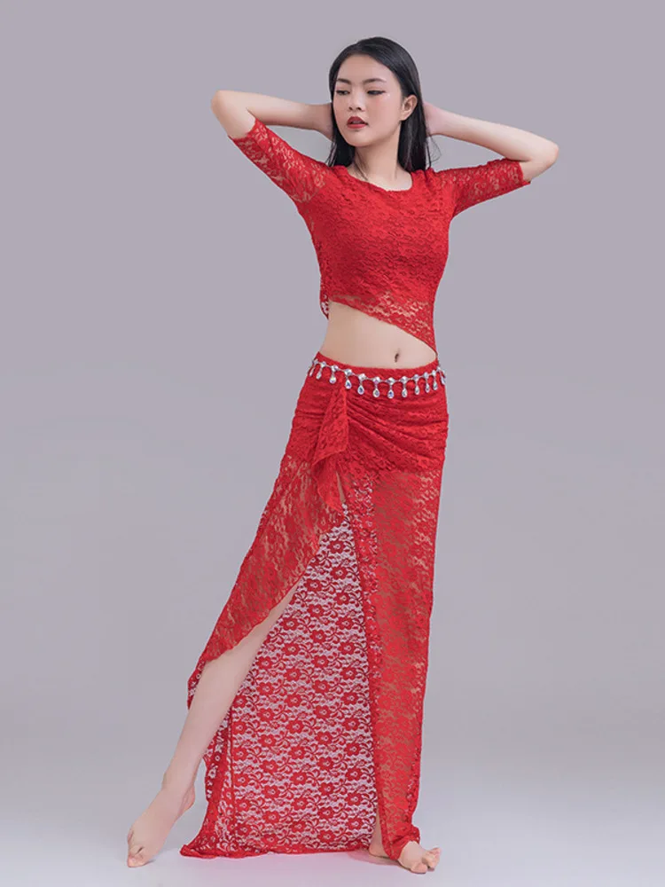 

Solid Color Adult Female Costumes Belly Dance Suit Performance Jazz Lace Woman Costume Dancer Latin Clothes Split Gypsy Skirt
