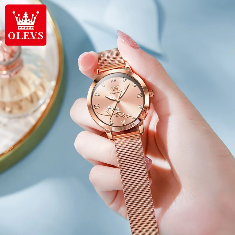 OLEVS Brand Fashion Quartz Watch for Women Rose Gold Stainless Steel Mesh Strap Luxury Diamond Womens Watches Relogio Feminino