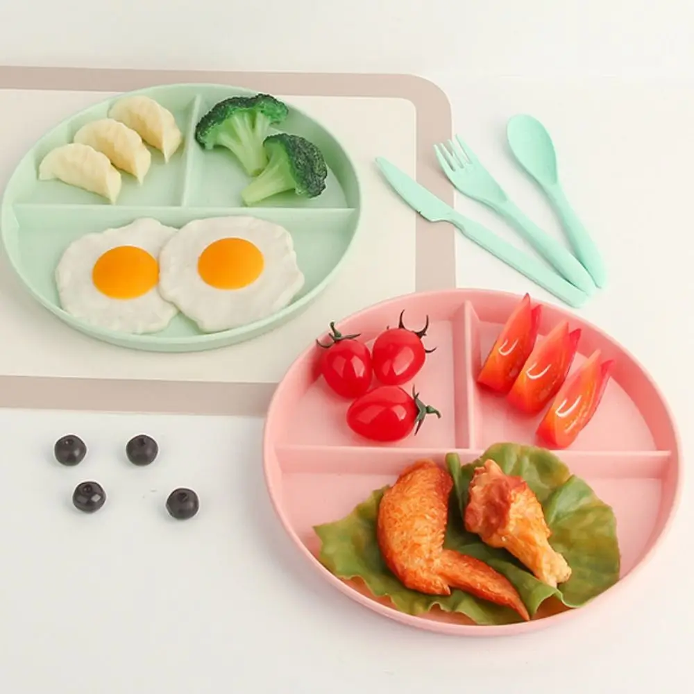 Kitchen Dinnerware Wheat Straw Round Divided Plate 3 Grids Anti-fall Food Tray Reusable Compartment Plate Breakfast