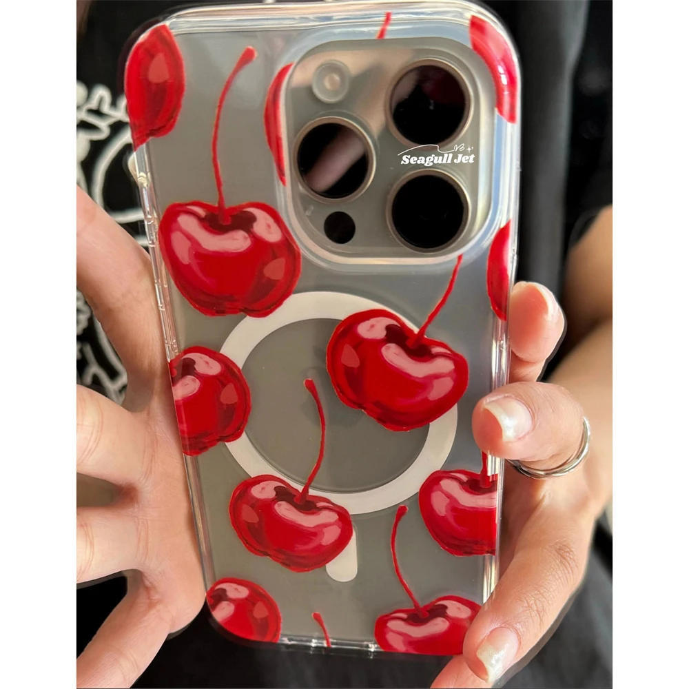thumbnail image 1 of INS Korean Red Cherry Magnetic Charging Soft Case For iPhone 15 14 13 12 11 Pro Xs Max X Xr 7 8 Plus SE 3 Clear Shockproof Cover, 1 of 4