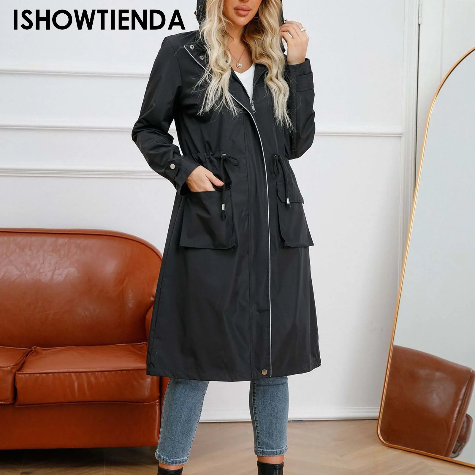 

Korean Women Trench Coats Casual Lapel Drawstring Windbreake Spring Loose Red Mid-length Jacket Big Size Straight Tube Jacket