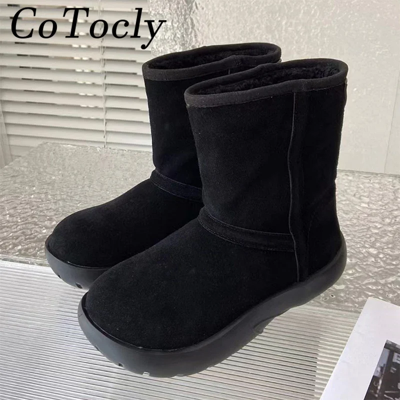 

Fur Snow Boots Women Round Toe Solid Color Cow Suede Ankle Boots Women Wool Warm Winter Shoes Unisex Flat Short Boots Men