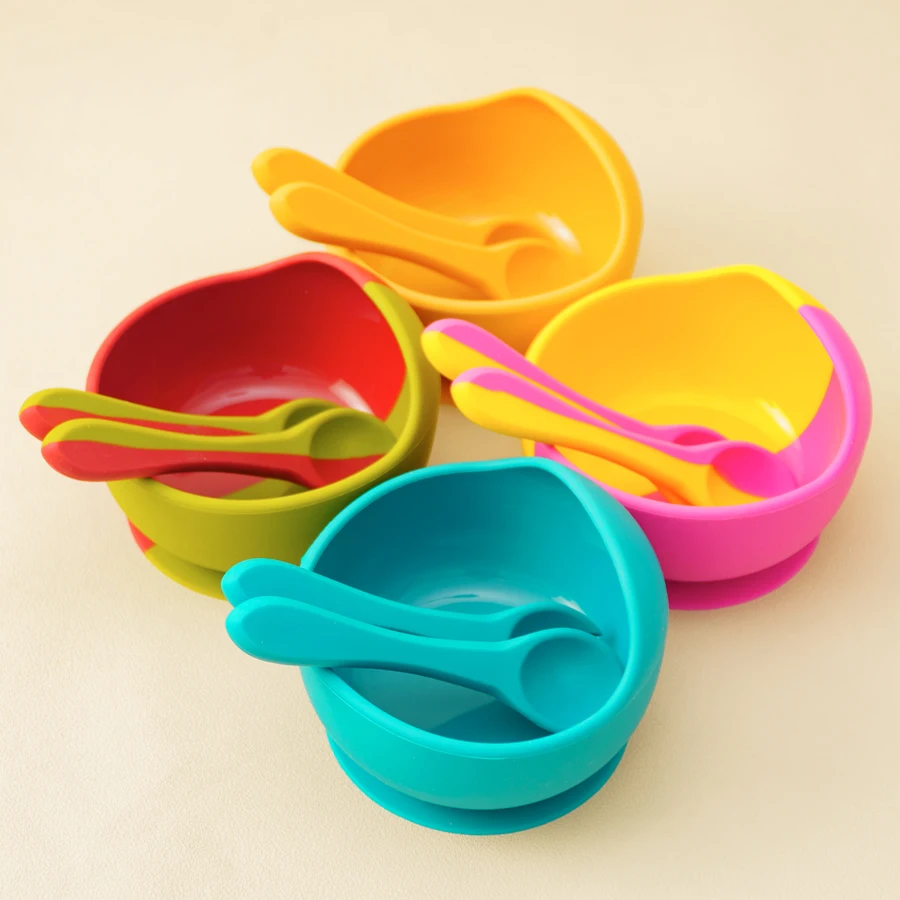 Color Kids Baby Silicone Feeding Bowl Set Toddler Waterproof Spoon Feeding Training Sets For Kids BPA Free Sucker Bowl Tableware 3