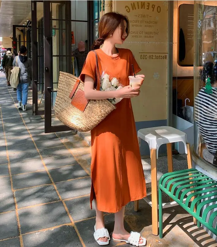 Casual Backless T Shirt Dress Summer New Round Neck Short Sleeve Solid Color Loose Midi Dress Fashion Trend Women Clothing