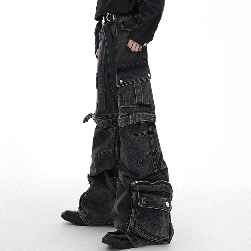 IEFB Multi-pocket Jeans Three-dimensional Lace-up Design Wide-leg Overalls 2024 Autumn Streetwear Black-grey Denim Pants 24X1350 3
