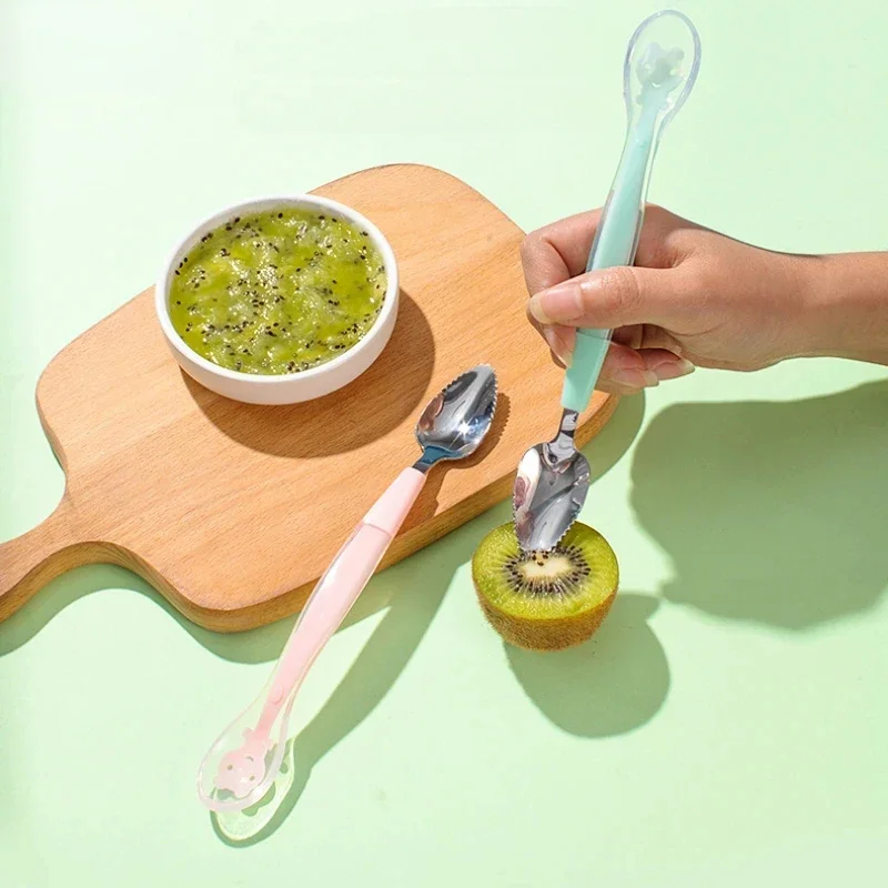 Soft Silicone Fruit Scraping Mud Spoon Baby Food Feeding Spoon Two Heads Easy To Eat Fruit Baby Feeder Utensils Supplies