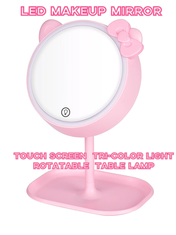 

Cute Kitty Cat Makeup Mirror LED Rechargeable Three Color Light Touch Screen Desktop Cosmetic Vanity Mirrors With Storage Tray