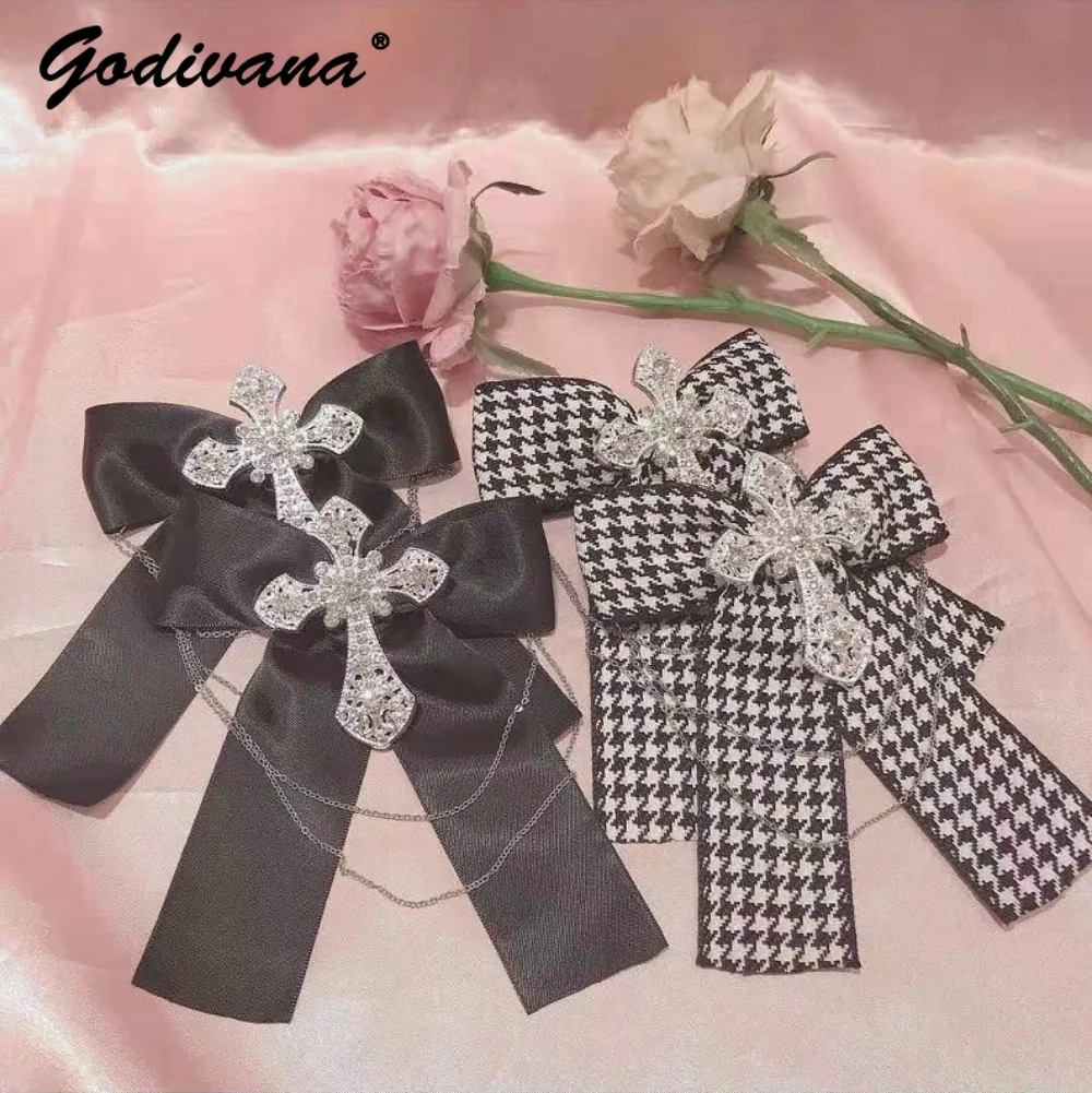 

Lolita Bowknot Hairpin Tiaras Houndstooth Black Crystal Big Cross Chain Bow Barrettes Side Hair Clip Girl Hairbows Accessoires