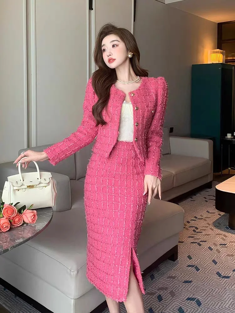 Two-Piece Set for Women Cropped Tweed Coat+Split Half Skirt Elegant Female Slim Fitting Suit Casual and Trendy Spring 2