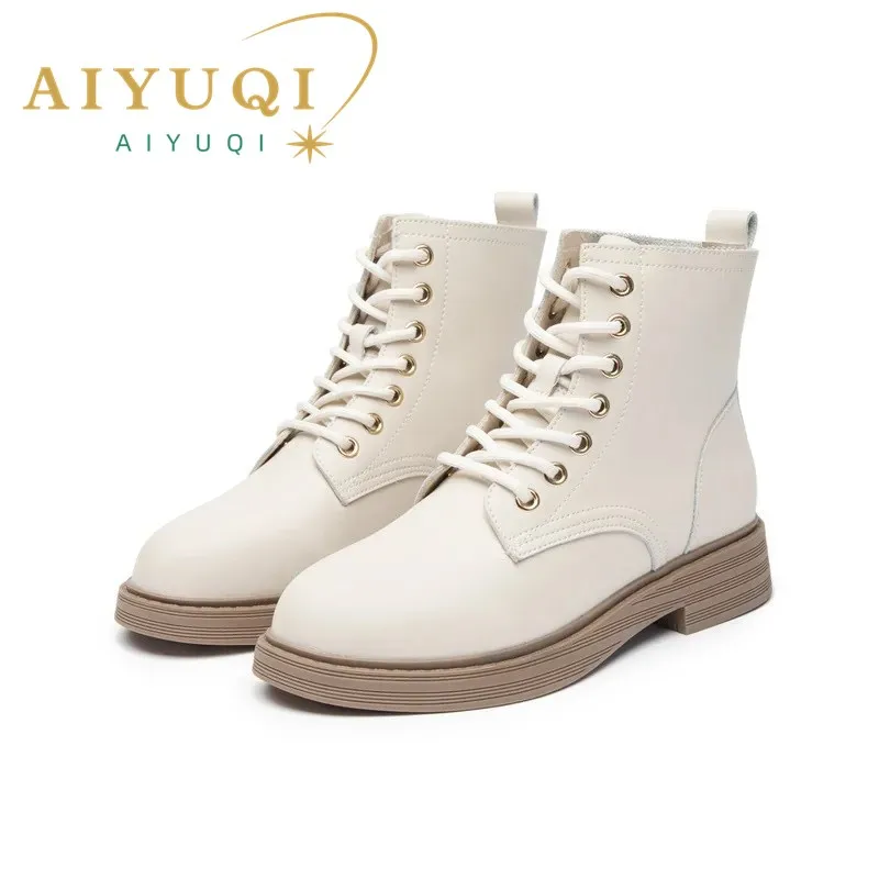 

AIYUQI Women Ankle Boots Genuine Leather 2024 New Fashion British Style Short Boots Women Thick Sole Lace-Up Retro Booties Women