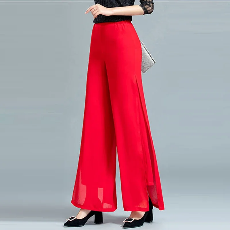 Elegant Split Chiffon Pants Women High Waist Trousers Loose Straight Casual Pants Slit Wide Leg Pants Female Fashion Streetwear
