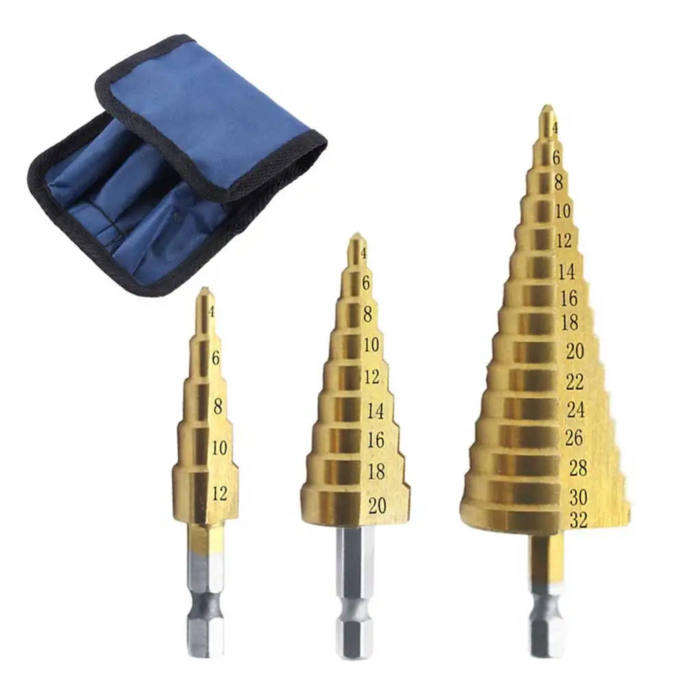 

Pack of 3 Hexagonal Step Drill Bits Machinery Replacement with Storage Bag