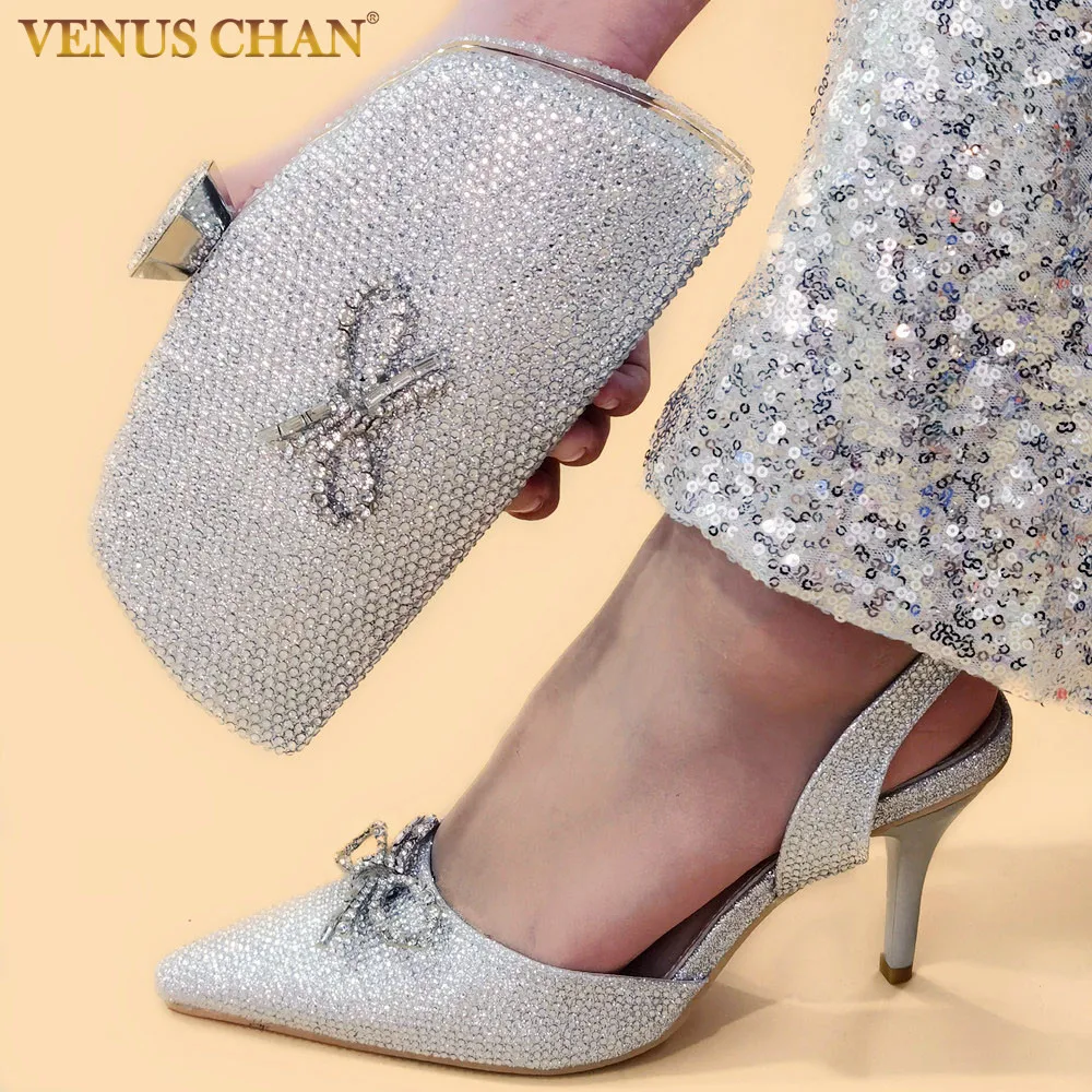 

Venus Chan, заостренный носок, высокие каблуки, искусственная кожа, для женщин, свадьба, серебряный цвет, летняя женская обувь и сумка