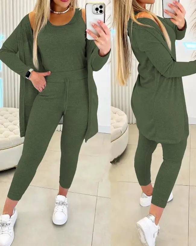 

Women's Pans Set 2024 Solid Color Round Neck Tank Top & Elastic Waist Drawstring Skinny Pencil Pants Set with Robe Cardigan