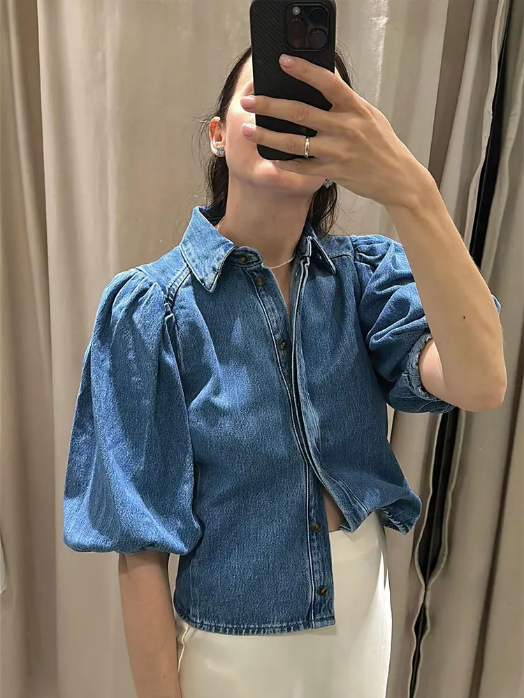 HH Women Elegant Blue Denim Blouse Single Breasted Lapel Puff Sleeve Shirt Female Fashion Streetwear Y2K Lady Chic Tops