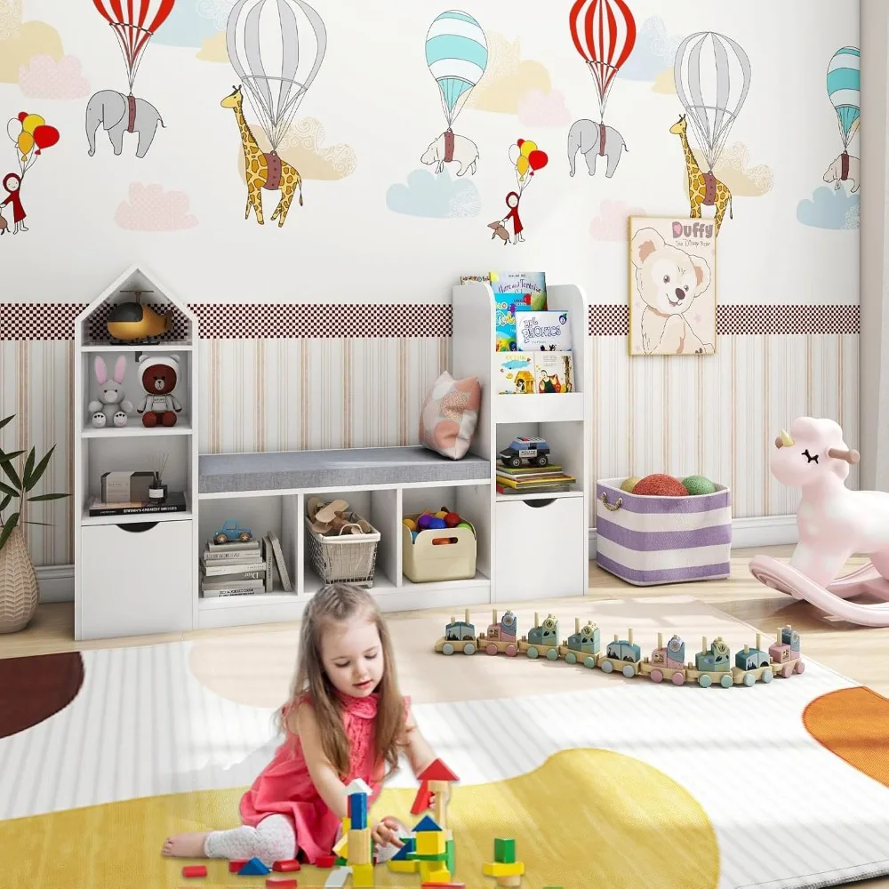 Kids Bookcase and Bookshelf with Reading Nook, Multifunctional Bookcase with 7 Storage Cubbies 2 Movable Drawers 5