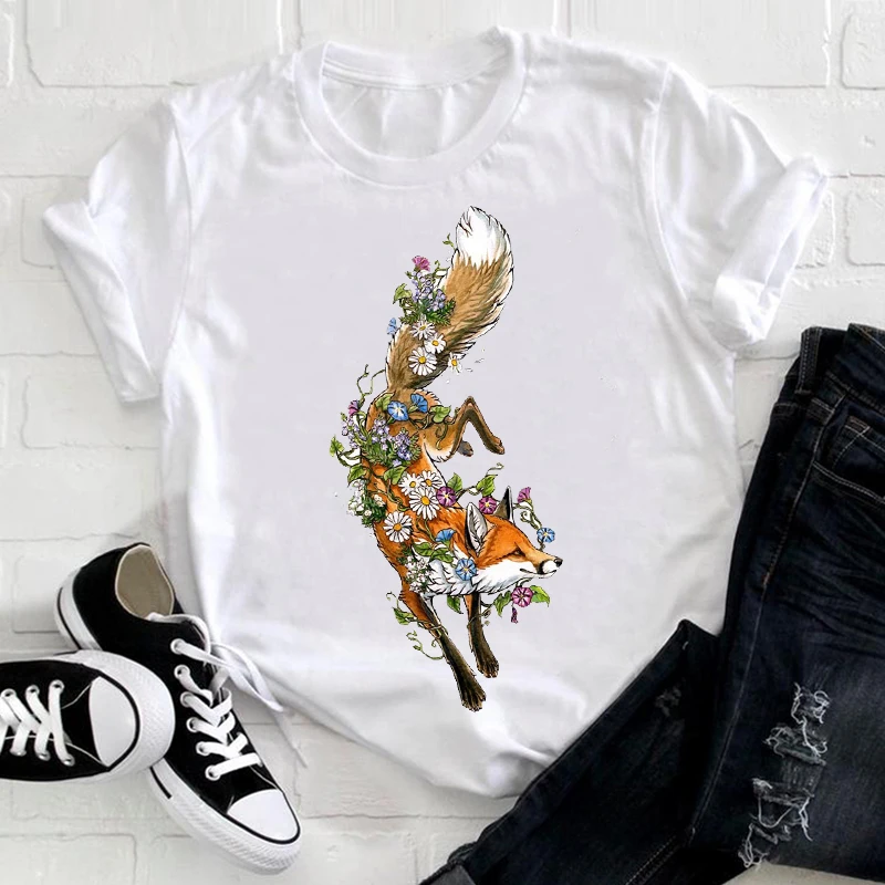 

Women T-shirt Graphic Cute Fox Animal Cartoon Print 90s Short Sleeve Clothes Ladies Tee Top Fashion Female T shirt