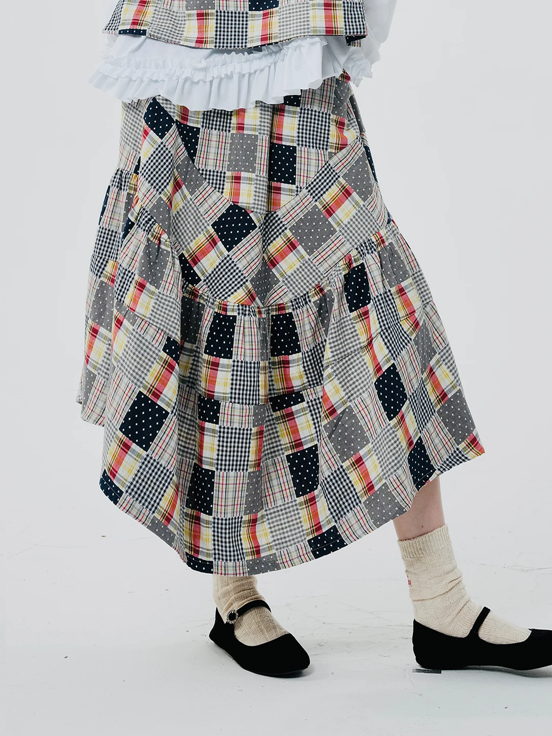 IMAKOKONI original design plaid elastic waist loose splicing cotton skirt 244555