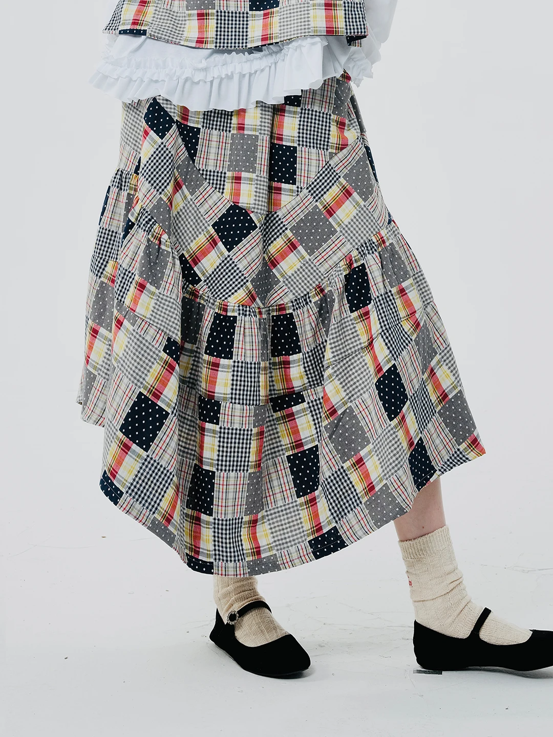 

IMAKOKONI original design plaid elastic waist loose splicing cotton skirt 244555