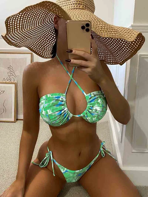 Conjunto de Bikini verde con Tanga para mujer, traje de baño Sexy brasileño  con cordón, ropa de playa, 2023 - AliExpress