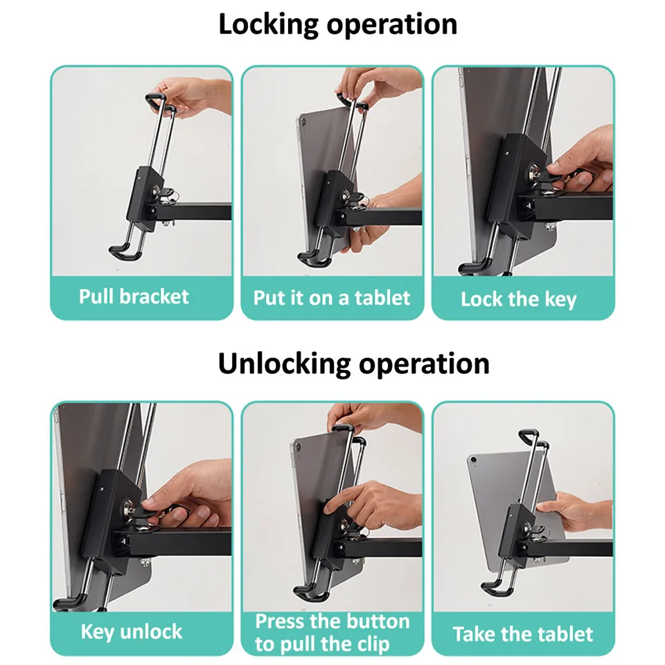 Wall Mount Tablet Suporte para Ipad Stretchable Wall Holder Anti Theft Bloqueio de Segurança Metal Ajustável 713 - Imagem 6