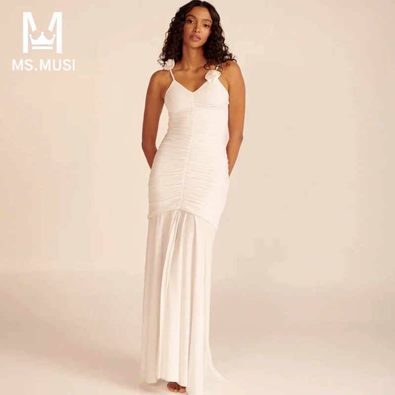 

MSMUSI 2024 New Fashion Women Sexy Strap Floral Draped Fold Sleeveless Backless Bodycon Party Club Event Slit Maxi Dress Gown