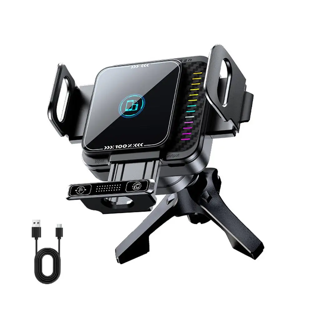 Universal Wireless Charging Phone Holder with Auto-Lock Clamp and RGB LED - Fast Charge Air Vent Mount